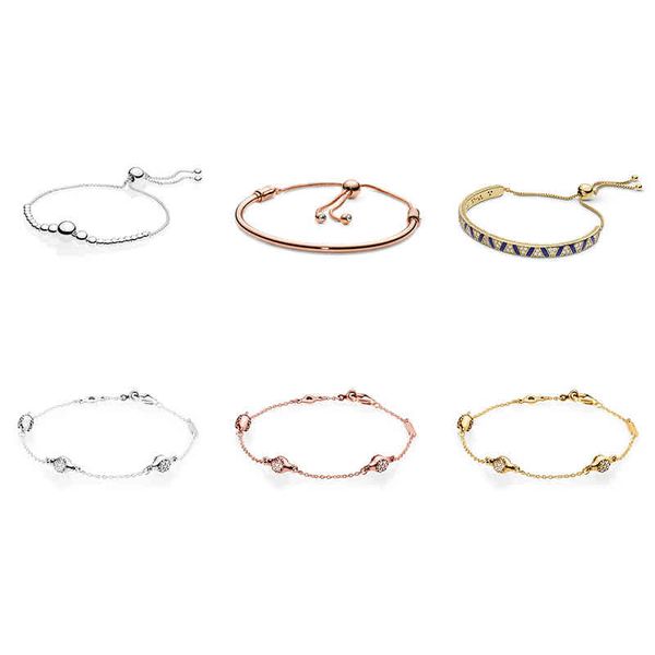 

925 sterling silver bracelets diy rose gold cz crystal bangles size adjustable fit for original charm beads jewelry gift, Golden;silver