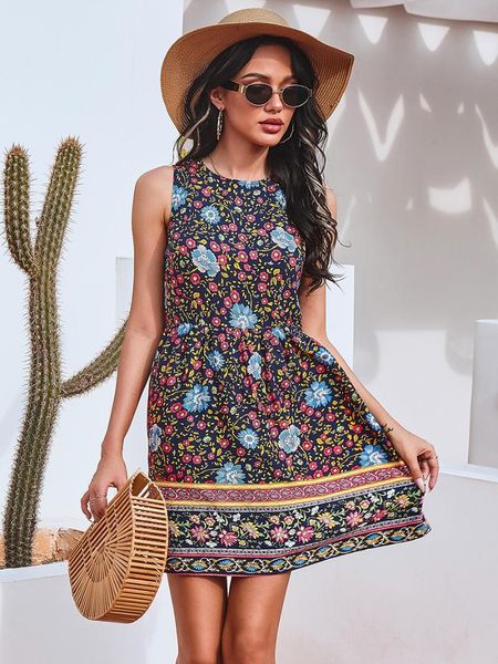 

casual dresses summer dress femme robes women print a-line beach o-neck sleeveless loose for woman vestidos women's clothing 2021, Black;gray
