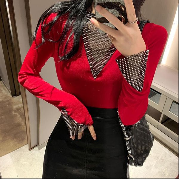 

autumn womens winter sequin t shirt women long sleeve drilling patchwork slim woman mesh black tee dd01, White