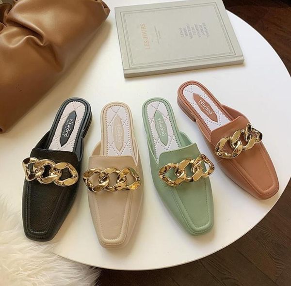 

slippers women casual shoes fashion chain mules square head sandals female solid color pu slide rain, Black