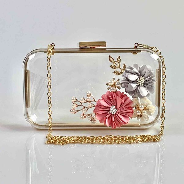 

acrylic transparent bag three-dimensional flower dinner bag fashion small square one shoulder messenger bride