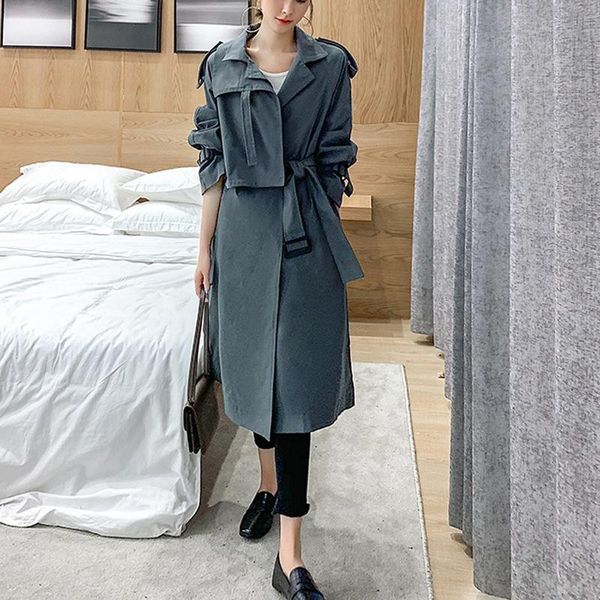 

women's trench coats gray windbreaker long british style spring 2021 lapel collar lacing korean loose outwear straight coat women z994, Tan;black