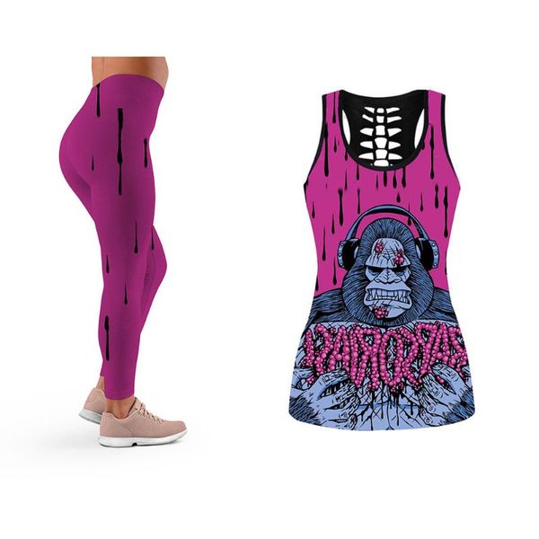 

women's two piece pants funny sportswear sets women hollow gorilla printed back vest and animal yoga matching set athleisure., White