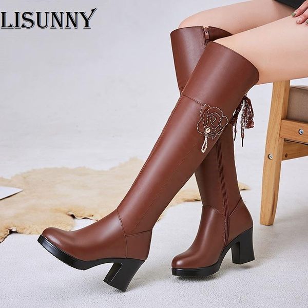 

boots 2021 fashion ladies knee high winter soft genuine leather woman black zip warm fur women thigh shoes