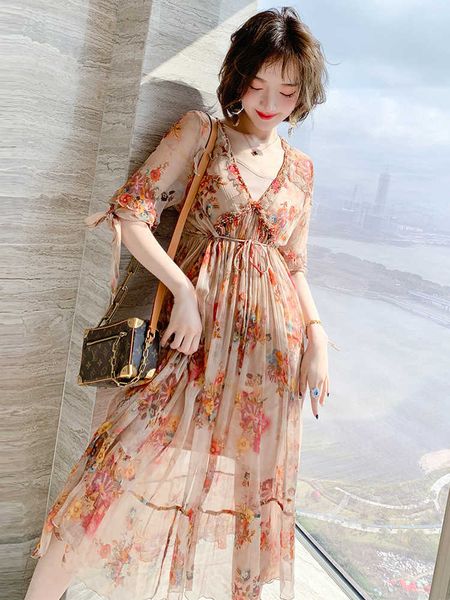 

suspender skirt miuco + deep v-neck nail bead waist real silk print dress fairy 2021 spring and summer, Black;gray