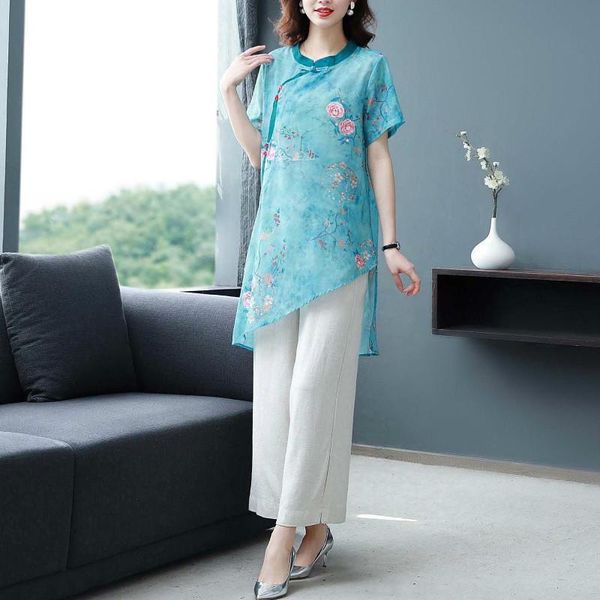 

women's t-shirt improved cheongsam two piece suit summer 2021 national style high end ramie cotton wide leg pants, White