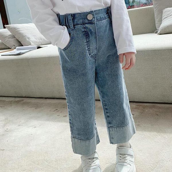 

jeans 2-7yrs autumn kids girls pants korean style cotton casual long denim trousers loose wide leg children clothes, Blue