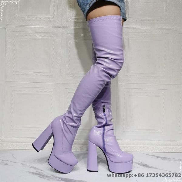 

boots purple round toe chunky heel side zipper solid color platform high thigh lovely women's daily plus size long, Black