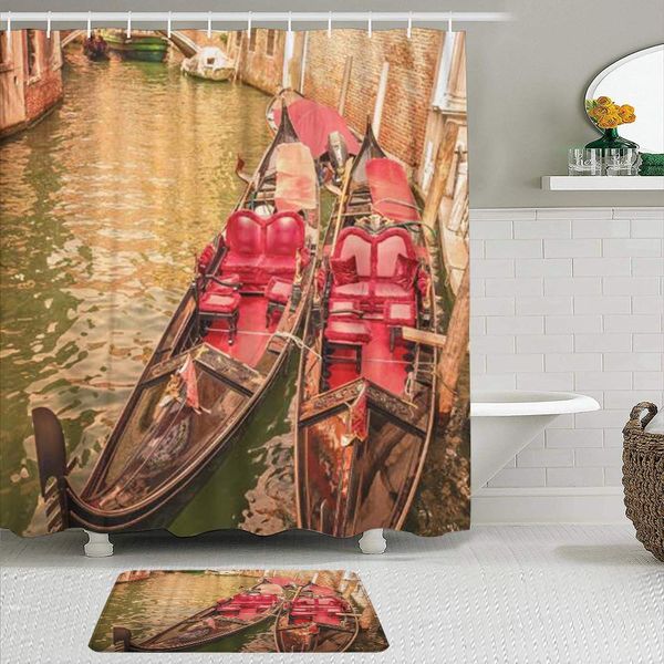 

fabric shower curtain and mats set,colorful adriatic canal with two gondolas in venice italy red alley,waterproof bath curtains