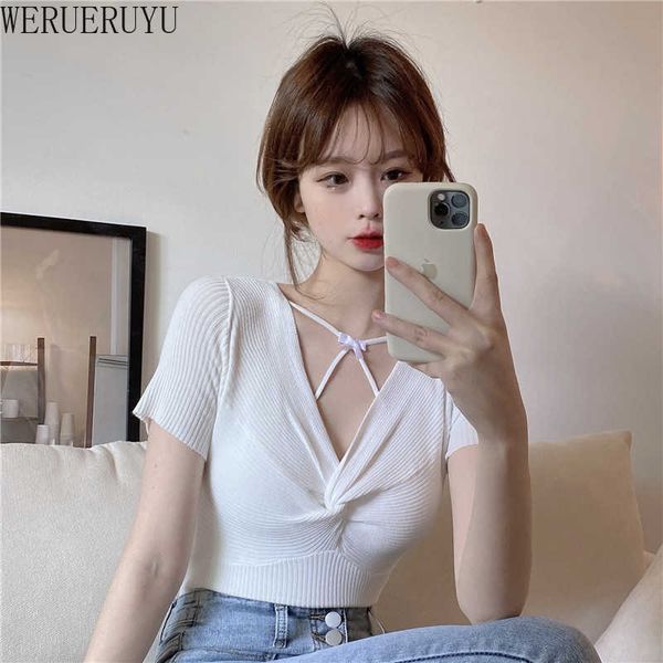 

werueruyu summer thin pullover v-neck sweater women short sleeve loose knitted short shirt 210608, White;black