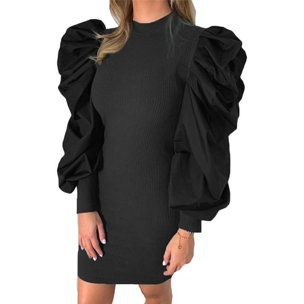 

casual dresses trendy women clothes round neck solid bandage bodycon long puff sleeve evening polyester mini one pieces, Black;gray