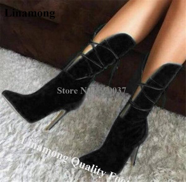 

boots linamong fashion pointed toe suede mid-calf stiletto heel gladiator cut-out straps cross black green high