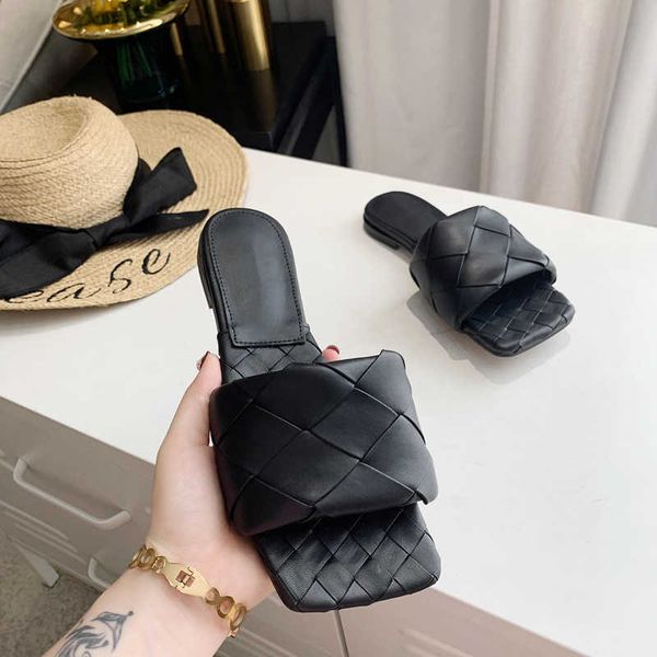 

black woven slippers sliders womens summer sandals leather slipper flat flip flops square toe stiletto cloud chaussures shoes zlh