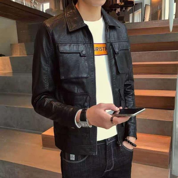 

men's fur & faux 2021 spring autumn men fashion korean style leather jacket male turn-down collar pu slim motorcycle coat s218, Black