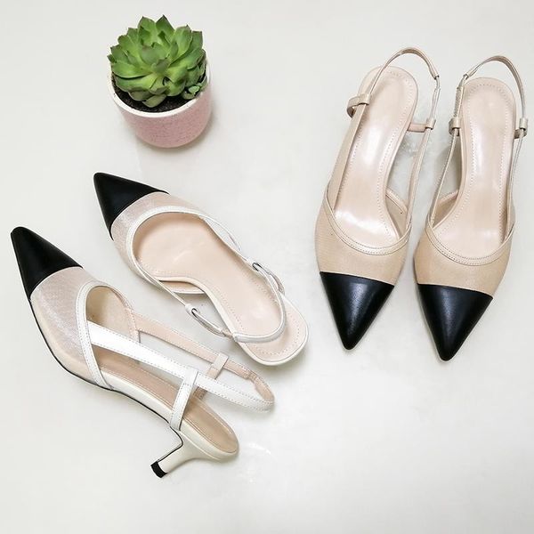 

dress shoes women natural genuine leather slingbacks high heels pointed toe cutout sandals ladies beige large size 42 43, Black