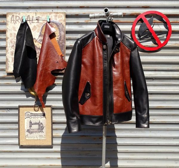 

men's leather & faux color matching shawl collar cow jacket, Black