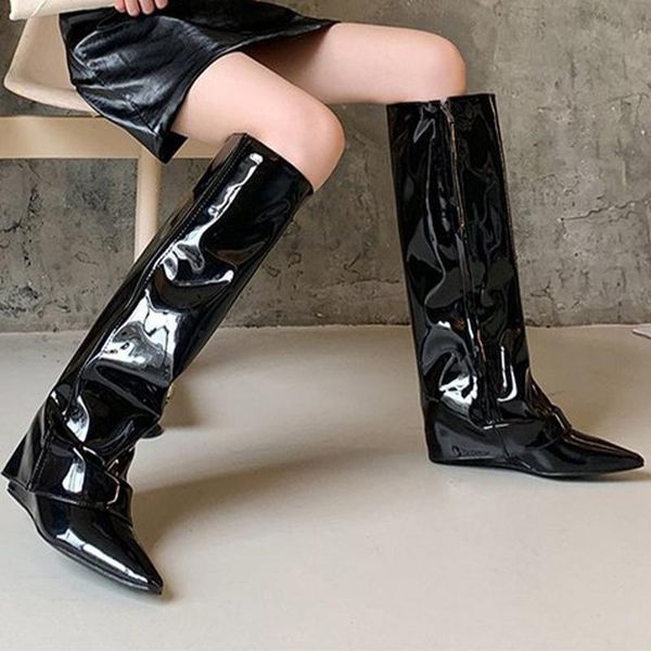 

boots concise female autumn winter fashion women shoes zip pointed toe over the knee solid platform ladies casual mid heels, Black