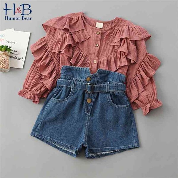 Girs Sets Spring Outono Meninas Moda Ruffles Camisa Cor Sólida + Calças De Jeans Bebê Crianças Crianças Terno roupas 210611