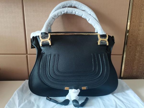 realfine888 Borse 5A Totes Marcies Borsa a mano in pelle 36cm Pelle di vitello a grana Colore nero Manici superiori Borse a tracolla, con sacchetto per la polvere