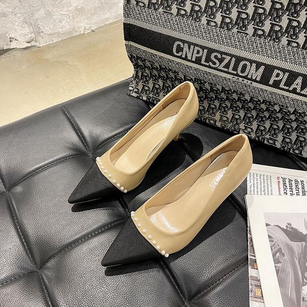

dress shoes luxury fashion 2021 women pump pearl pointed 7cm high heels spring autumn mixed color sweet elegant pumps quality, Black