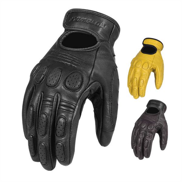 Old School Motocicleta Luvas de Couro Cabra Pele Chopper Chopper Cruzador Homens Full Fit Planície Retro Guantes Moto Biker Luva H1022