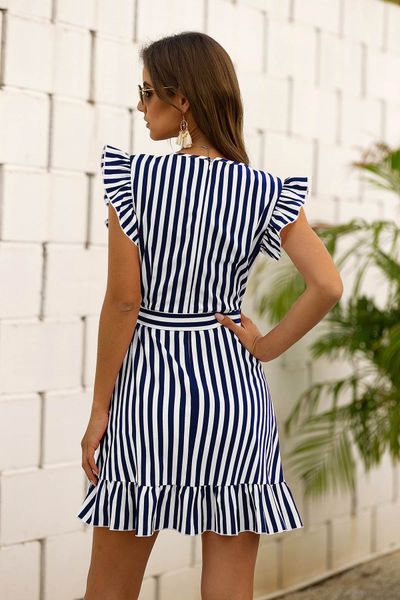 

2021summer women ruffled dress bohemian ethnic dress o-neck belt slim dress elegant striped female irregular hem, Black;gray