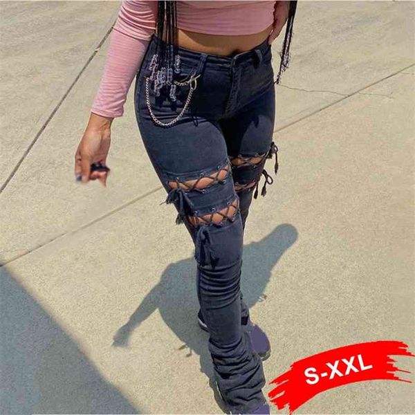 Plus Size Low Rise Hollow Out Sexy Lace Up Black Stacked Jean Slim Ripped Skinny Denim Melody Pants Street Slit Hose 210629