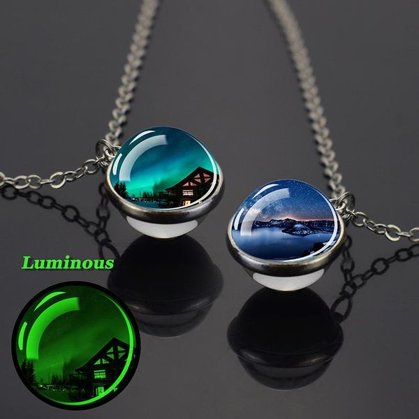 

chains esspoc trendy luminous glass ball pendants necklace double sildes nothern lights cabochon silver color necklaces