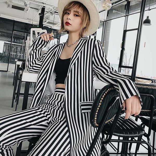 

women's suits & blazers 2021 women stylish striped blazer pockets decorate long sleeve female casual coats office wear outerwear chic, White;black
