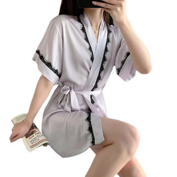 

women's sleepwear eyelashes lace silk nightgown women home clothes mid-sleeve dressing gown bathrobe outer cover robes for, Black;red