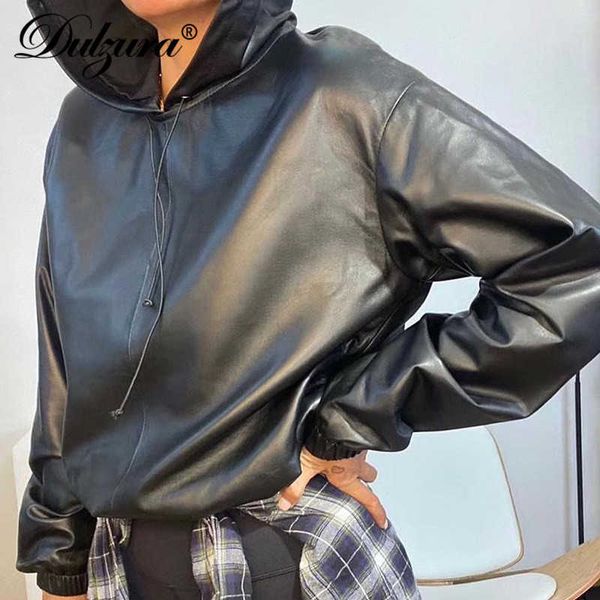 

pu women leather sweatshirt hoodie pullover long sleeve solid loose streetwear 2021 autumn winter clothes casual korea, Black;white