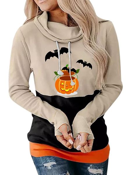 

women's hoodies & sweatshirts plus size halloween women personality mid-long style bat pumpkin printed high neck casual long sleeve lad, Black