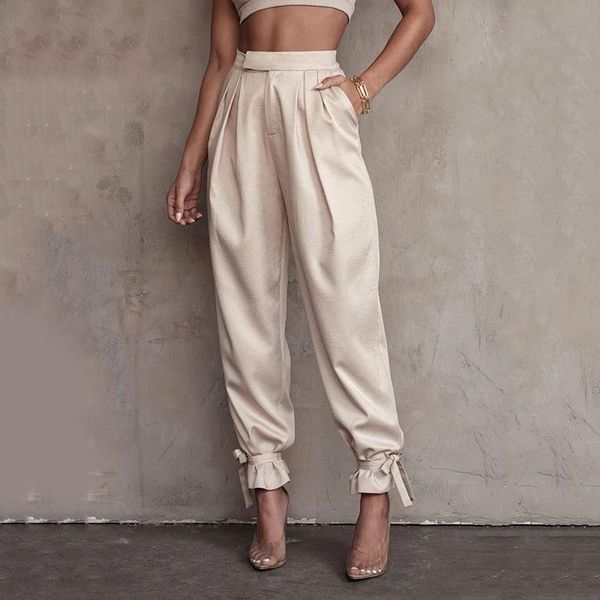 

women ankle bow tie pants elegant office lady high waist formal work trousers female sweet slacks loose cute sweatpants lace up women's, Black;white