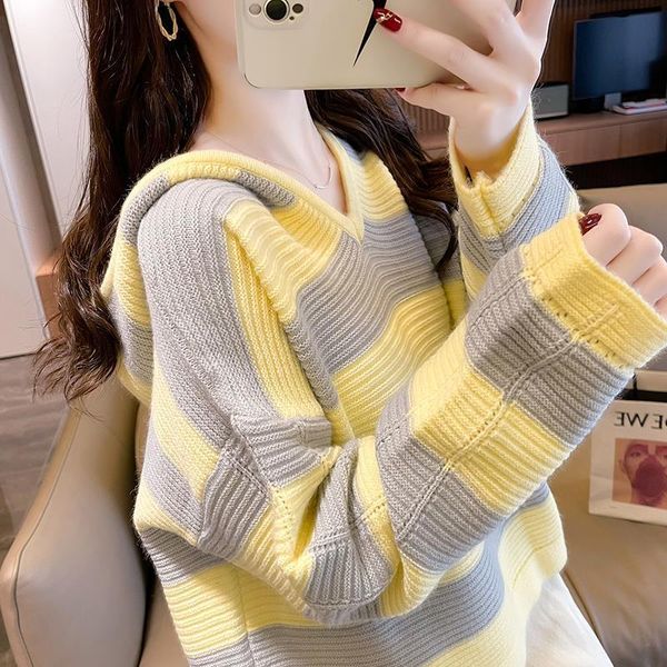 

women's sweaters 2021 autumn contrast thick stripe hooded sweater loose lazy wind and winter knitwear top, White;black