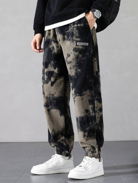 

men tie dye letter patched detail fleece pants c4ql#, Black