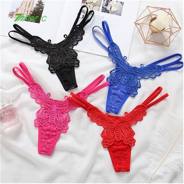 

thong womens low waist hollow embroidery lace butterfly underpants transparent t-pants invisible seamless triangle panties, Black;white
