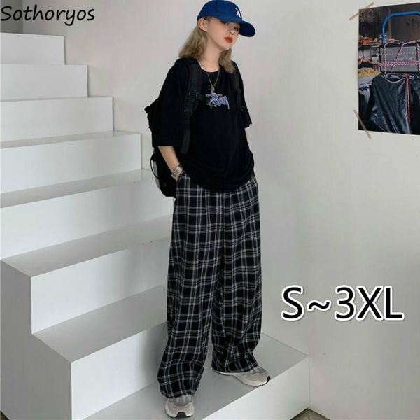 

casual pants women spring summer full-length loose elastic high waist wide leg plaid retro plus size chic streetwear bf fashion women's, Black;white