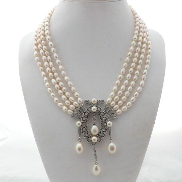 

chains hand knotted 4strands white rice freshwater pearl micro inlay zircon accessories necklace fashion jewelry, Silver