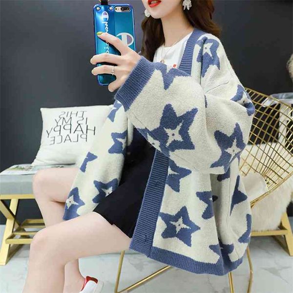 

five-pointed star jacquard knitted cardigan female students single-breasted lazy wind loose sweater coat tide spring 210427, White;black