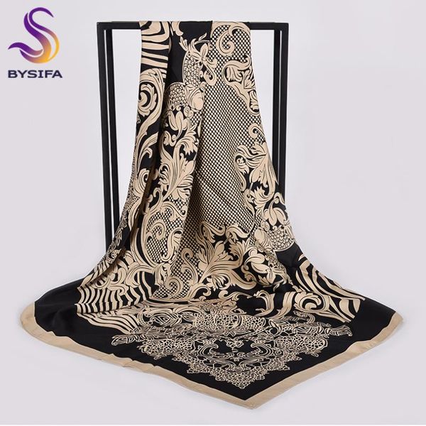 

scarves [bysifa] black beige winter women brand dull satin square silk scarf shawl ladies neck head hijab 100*100cm, Blue;gray