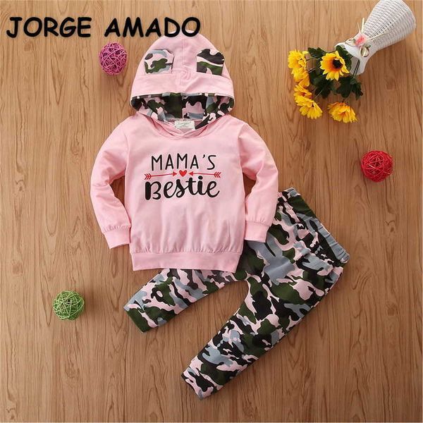 Atacado primavera crianças 2-pcs conjuntos meninas camuflagem impressão longa manga com capuz + calças roupas roupas roupas E059 210610