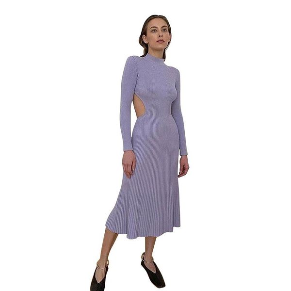 

backless mid calf dress casual women round neck long sleeve stretch knitted sweater party vestidos wdc6334 dresses, Black;gray