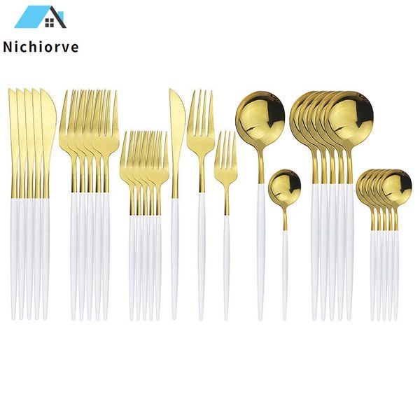 

30pcs white gold cutlery set 304 stainless steel dinnerware set knife dessert fork coffe spoon dinner silverware home kitchen tableware set