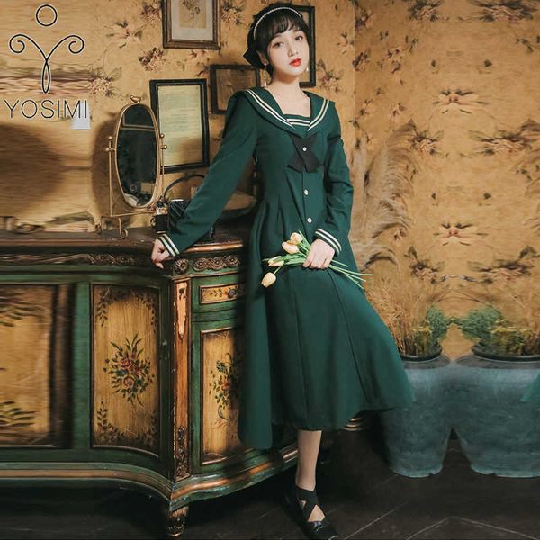 YOSIMI Abito lungo da donna Autunno Vintage Stile preppy Collare da marinaio Set manica finta Elegante verde Vestido Feminino 210604