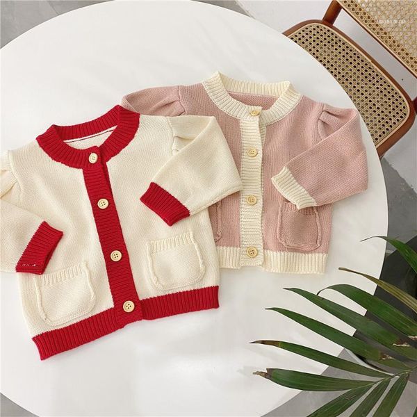 

spring and autumn baby girl infant pocket color block jacket coat simple puff sleeve cardigan girls clothes1, Blue