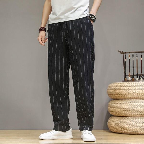 

men's pants mrgb 2021 summer chinese style men stripe casual loose straight male trousers fashion simple streetwear vintage, Black