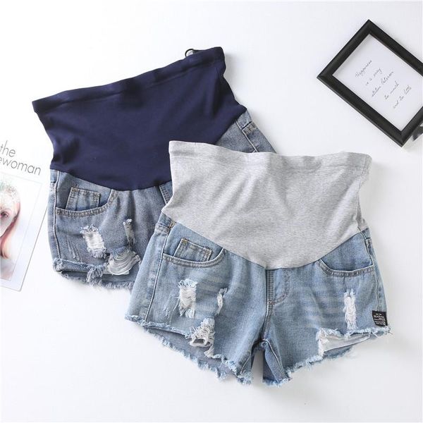 

pregnant denim blue shorts summer maternity ripped holes jeans pregnancy high & low waist clothes women nursing clothing pants bottoms, White