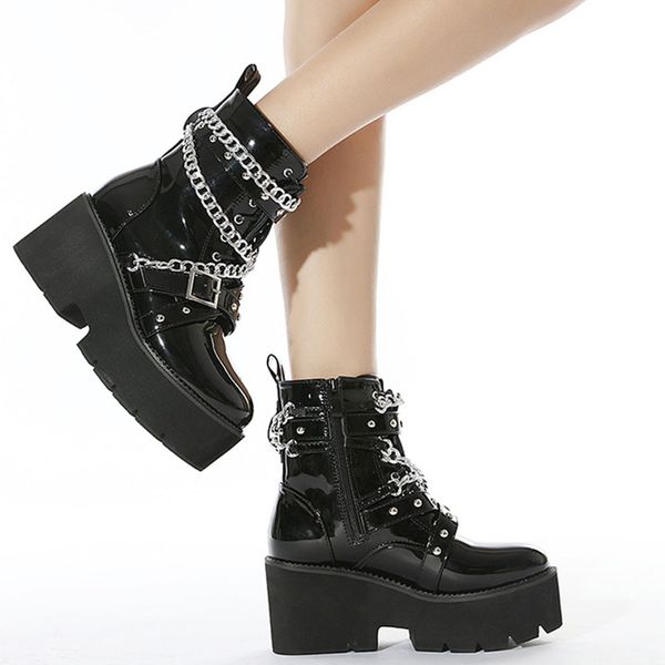

new arrivals platform chunky motorcycle boots women metal chian cool street punk combat boots, Black