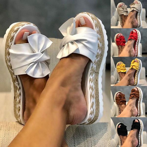 

slippers women slides bow summer sandals bow-knot thick soles flat platform floral beach shoes flip flops drop shopping, Black