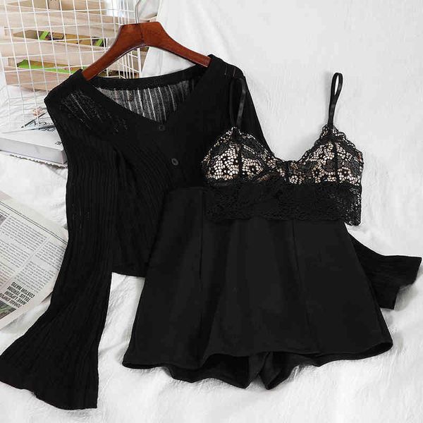 

women's shorts female wide-legged deat cardigan jacket shorts in the background t-shirt set three spring fashion pieces summer 11b618 w, White;black